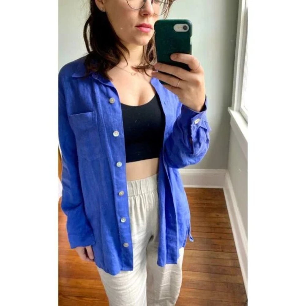 Vintage 90s Y2K Oversized Cobalt Blue Linen Button Down